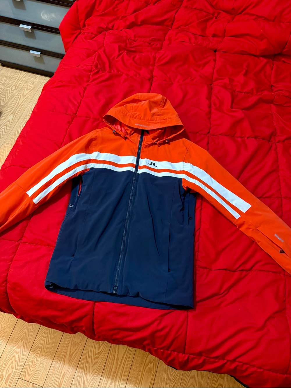 J.Lindeberg Navy and Red Hooded Ski Jacket with White Stripes